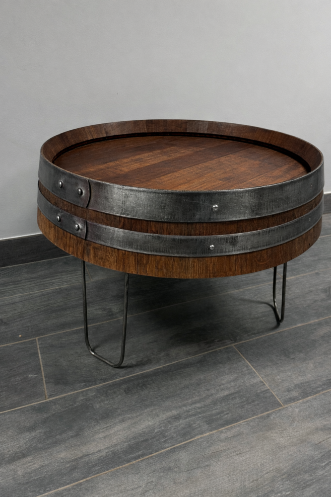 Table basse en tonneau chêne massif 64 cm – Pied métal – Fabrication artisanale